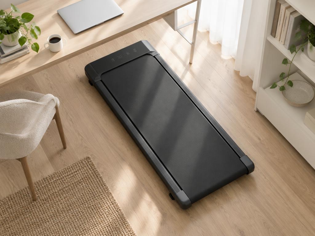 A slim under-desk walking pad on a light wood floor beside a home-office desk